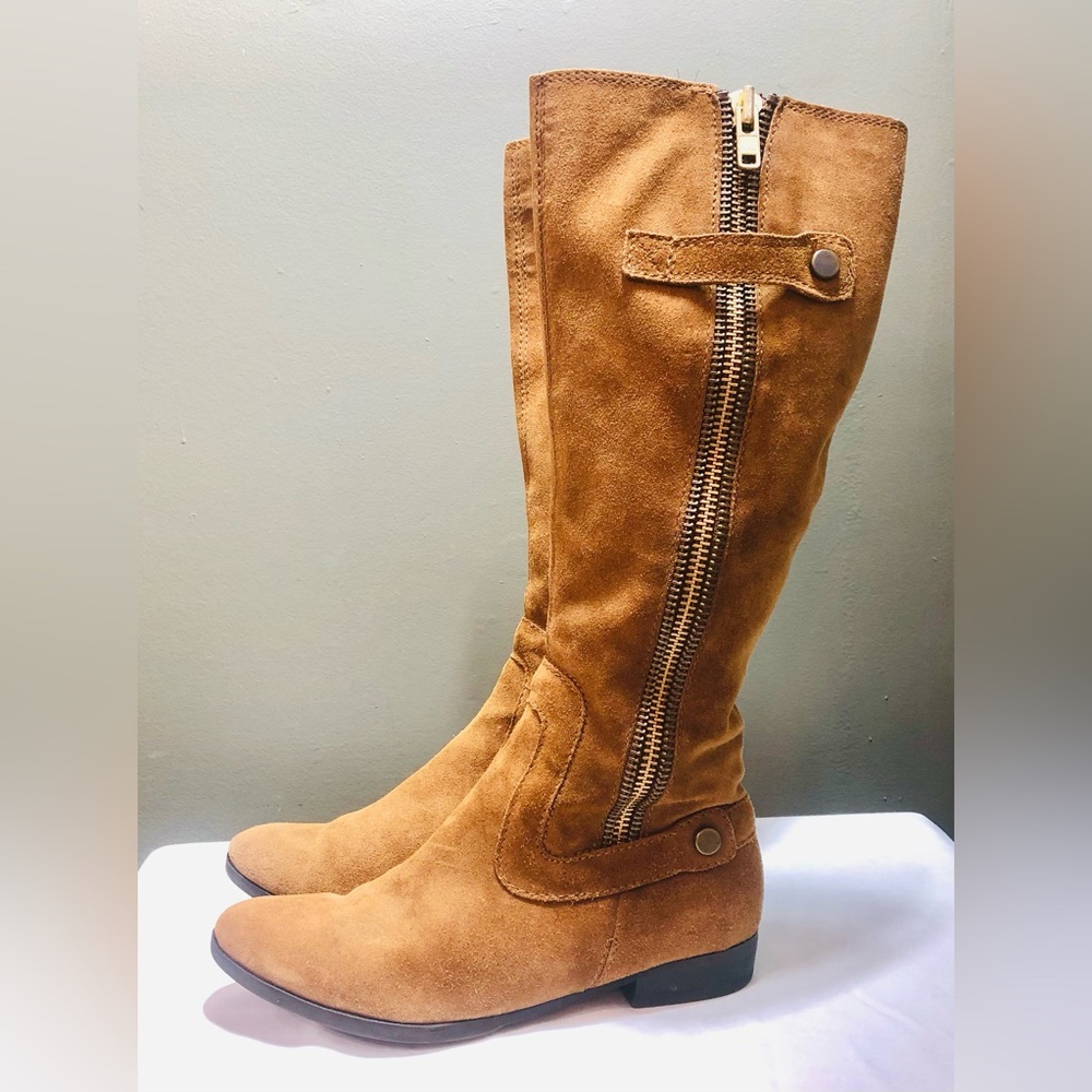 ApePazza Lodi Tan Suede Riding Boots Size 7 Gold Zipper Accent Mid Heel Italy